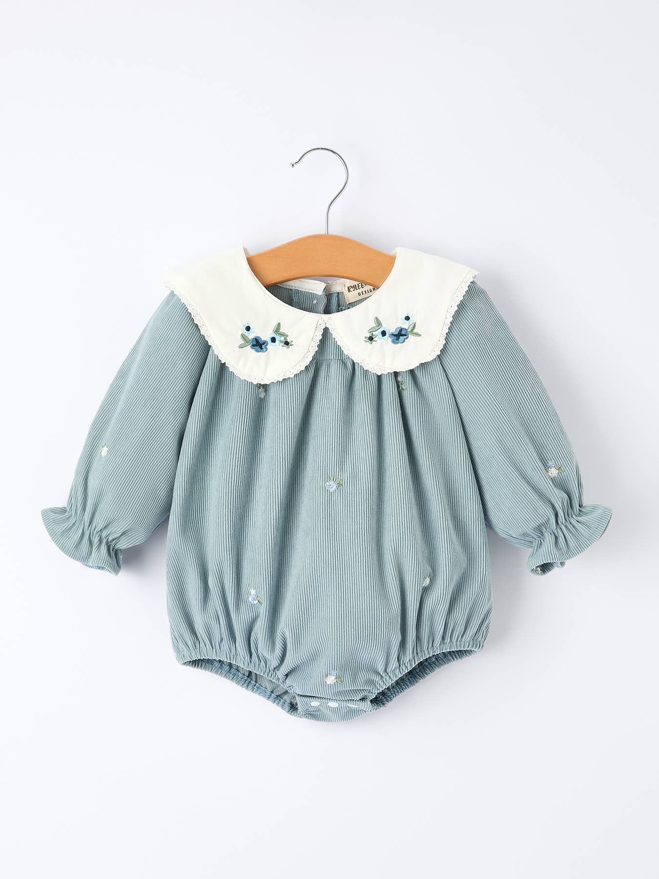 Blue Embroidered Long Sleeve Romper
