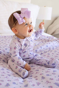 Ribbon & Roses Ruffle Zipper Footie | Purple
