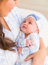 Periwinkle Blue Butterfly Garden Toile Ruffle Gown & Hat Set