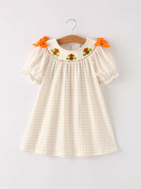 Plaid Turkey Embroidery Smocked Dress