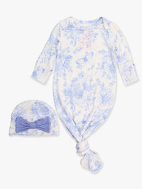Periwinkle Blue Butterfly Garden Toile Ruffle Gown & Hat Set
