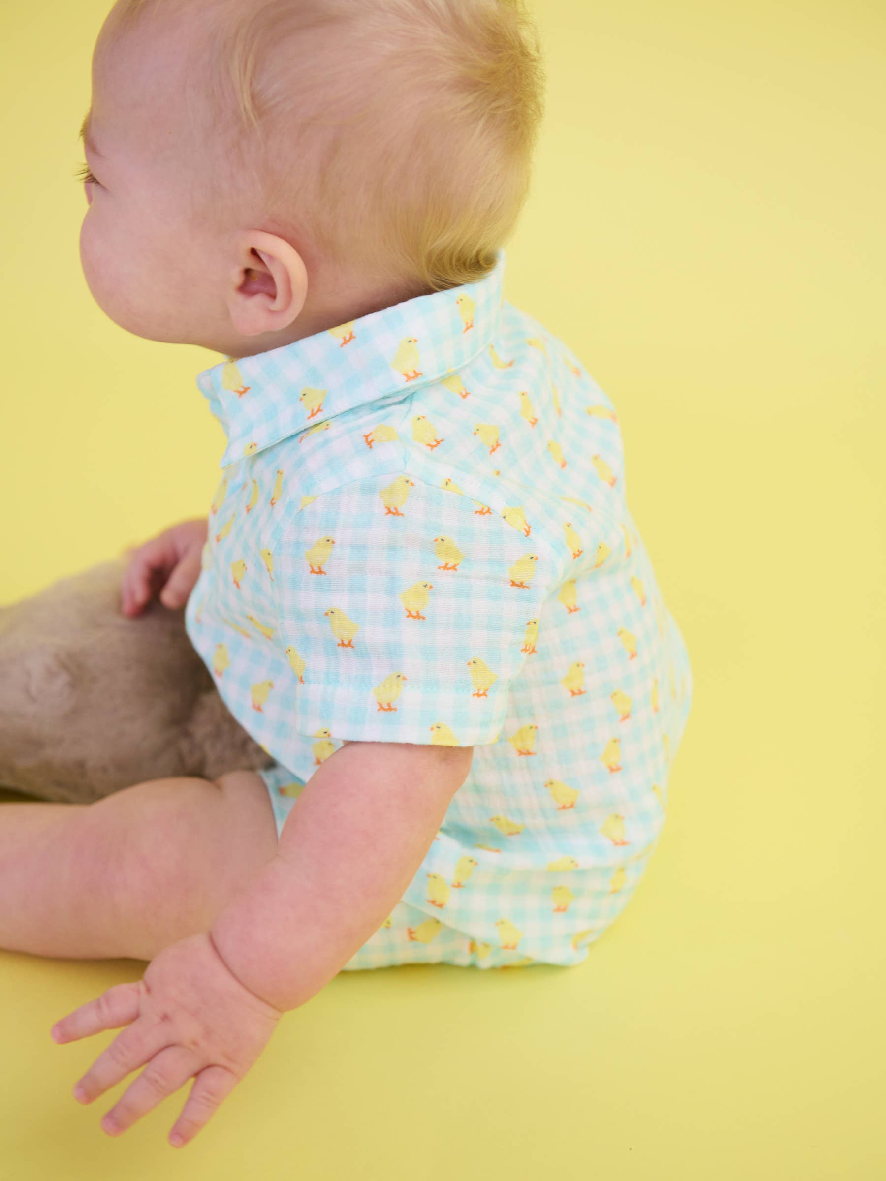Boys Chirping Chicks Gingham Gauze Button-Up Romper