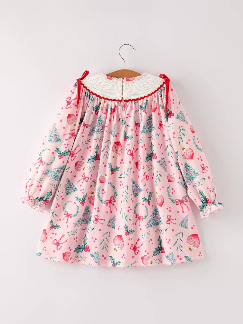 Holly Christmas Embroidered Smocked Dress
