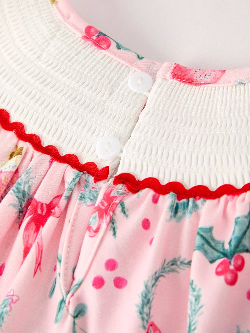 Holly Christmas Embroidered Smocked Dress
