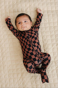 Chocolate Wavy Checkered Bamboo Zip Romper