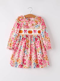 Pumpkin Bow Smock Embroidered Floral Dress