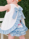 White Swiss Dot & Light Blue Swing Top & Bloomer Set