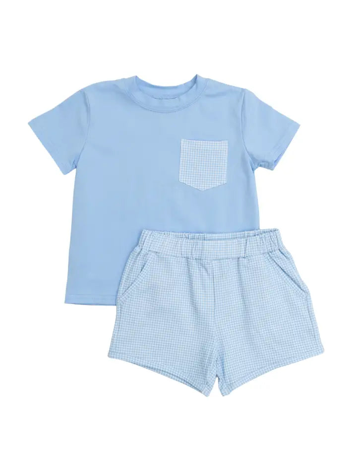 Blue Plaid Pocket Boys Short Set