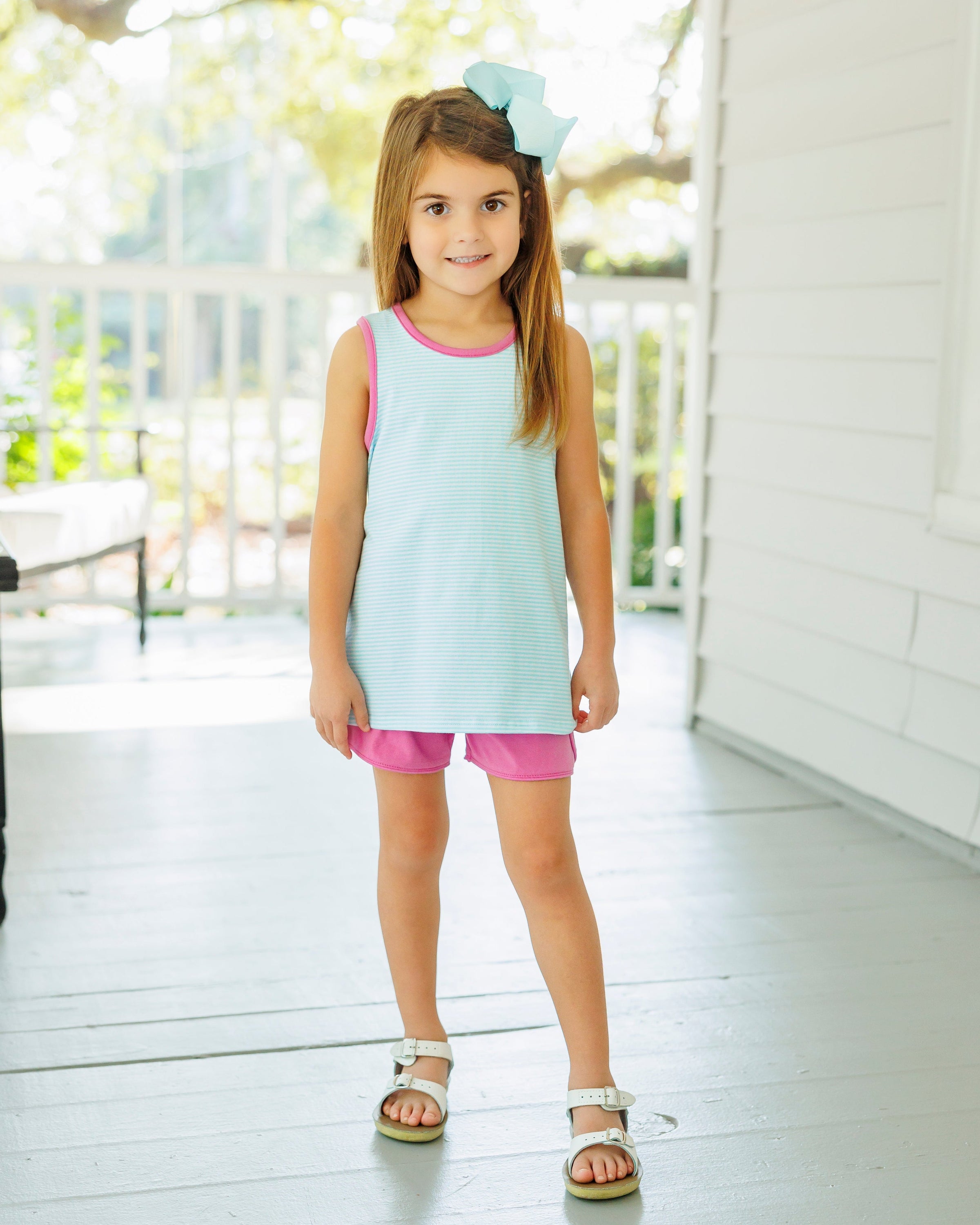 Abby Bow Back Short Set- Aqua Stripe and Fuchsia