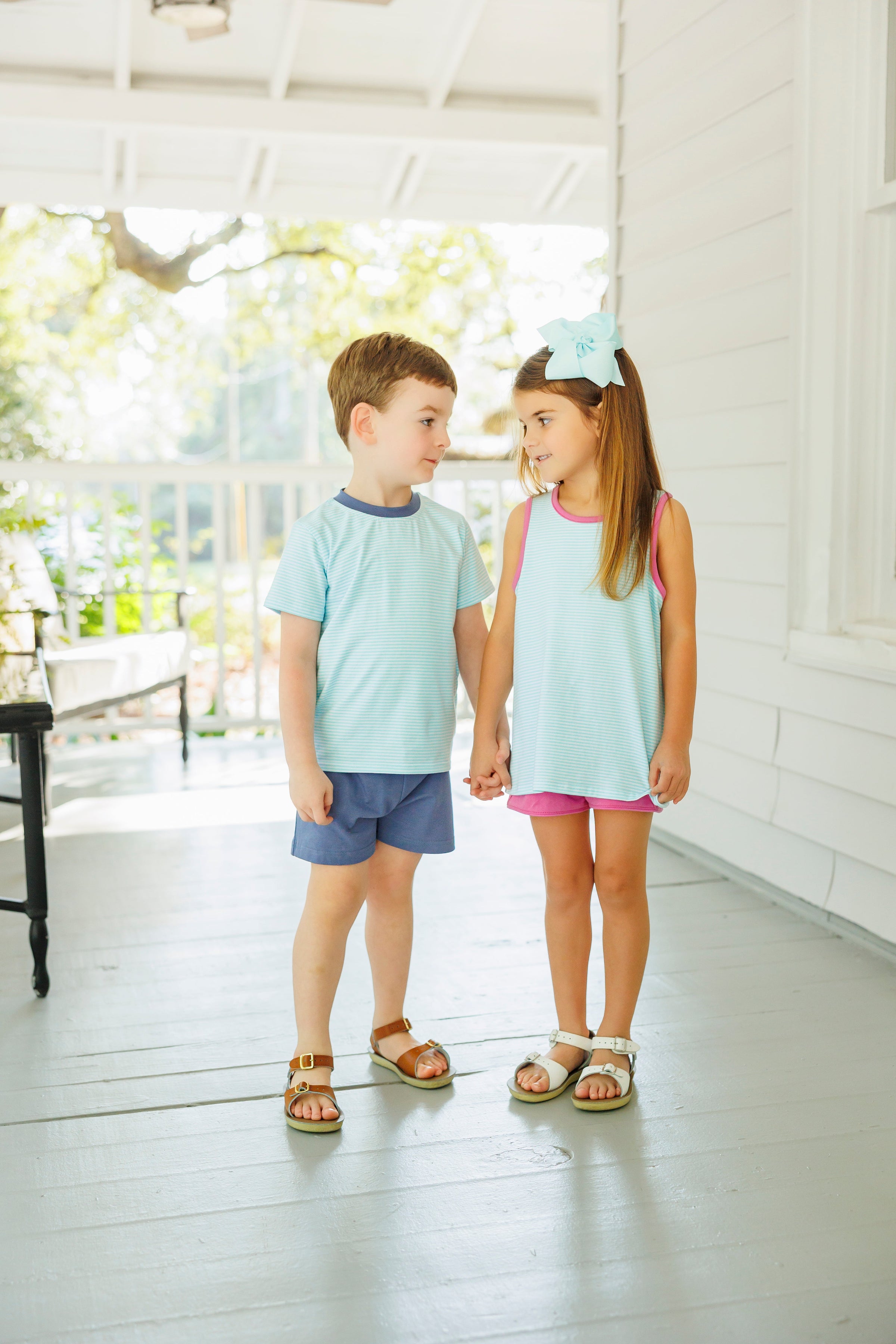 Abby Bow Back Short Set- Aqua Stripe and Fuchsia