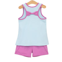 Abby Bow Back Short Set- Aqua Stripe and Fuchsia