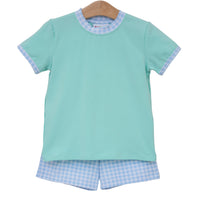 Avery Short Set - Mint w/Light Blue Gingham