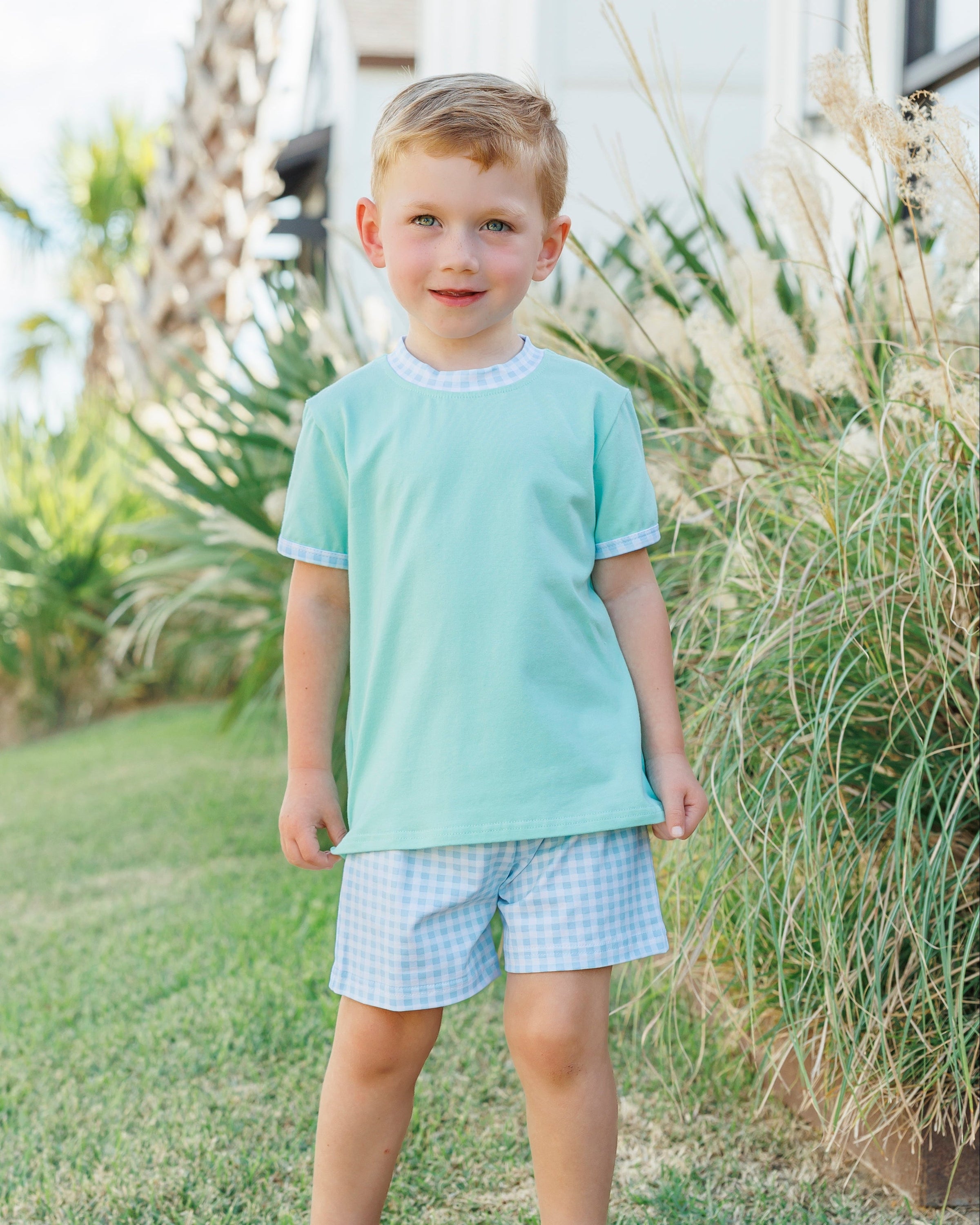 Avery Short Set - Mint w/Light Blue Gingham