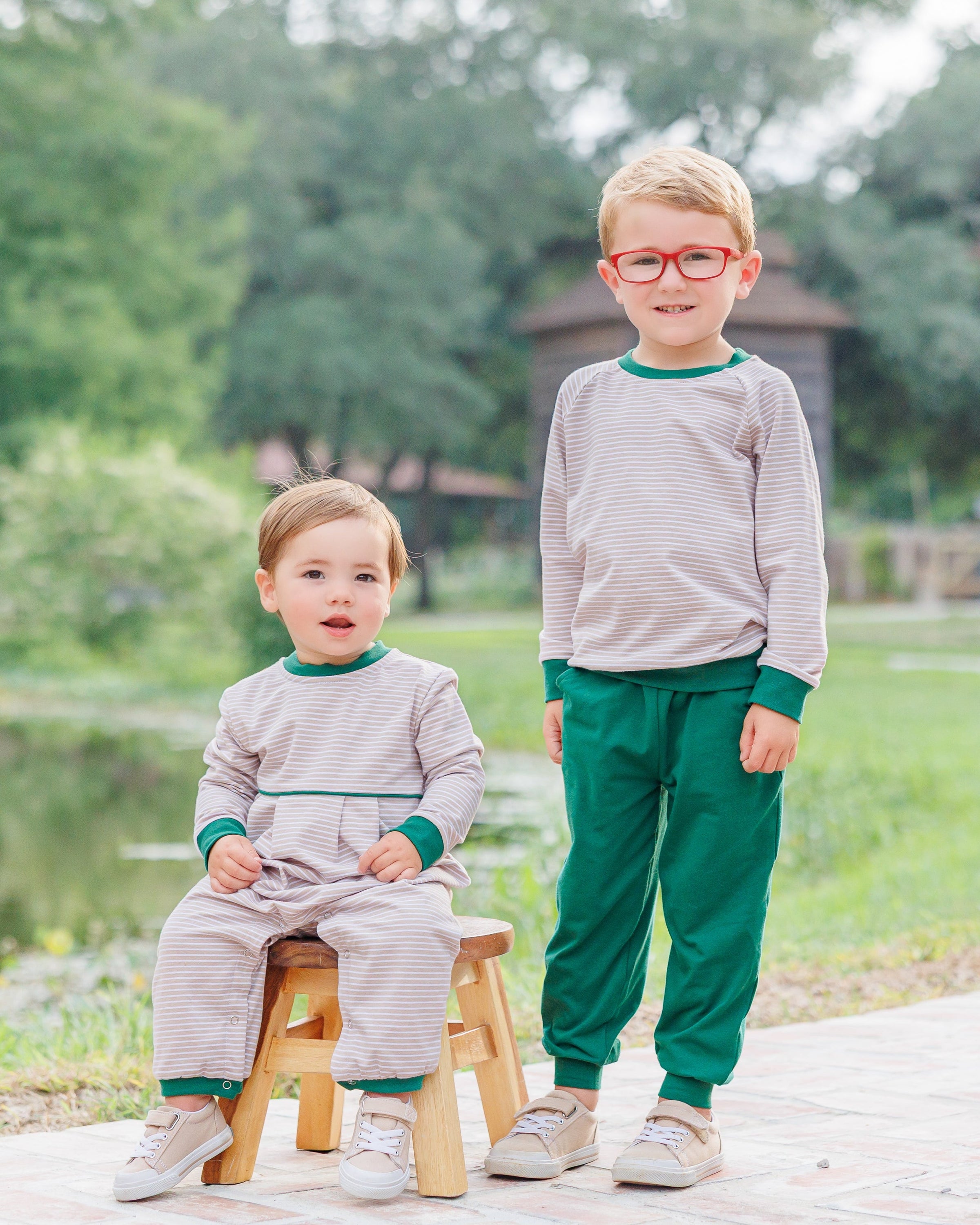 Connor Jogger Set - Tan Stripe/Hunter Green