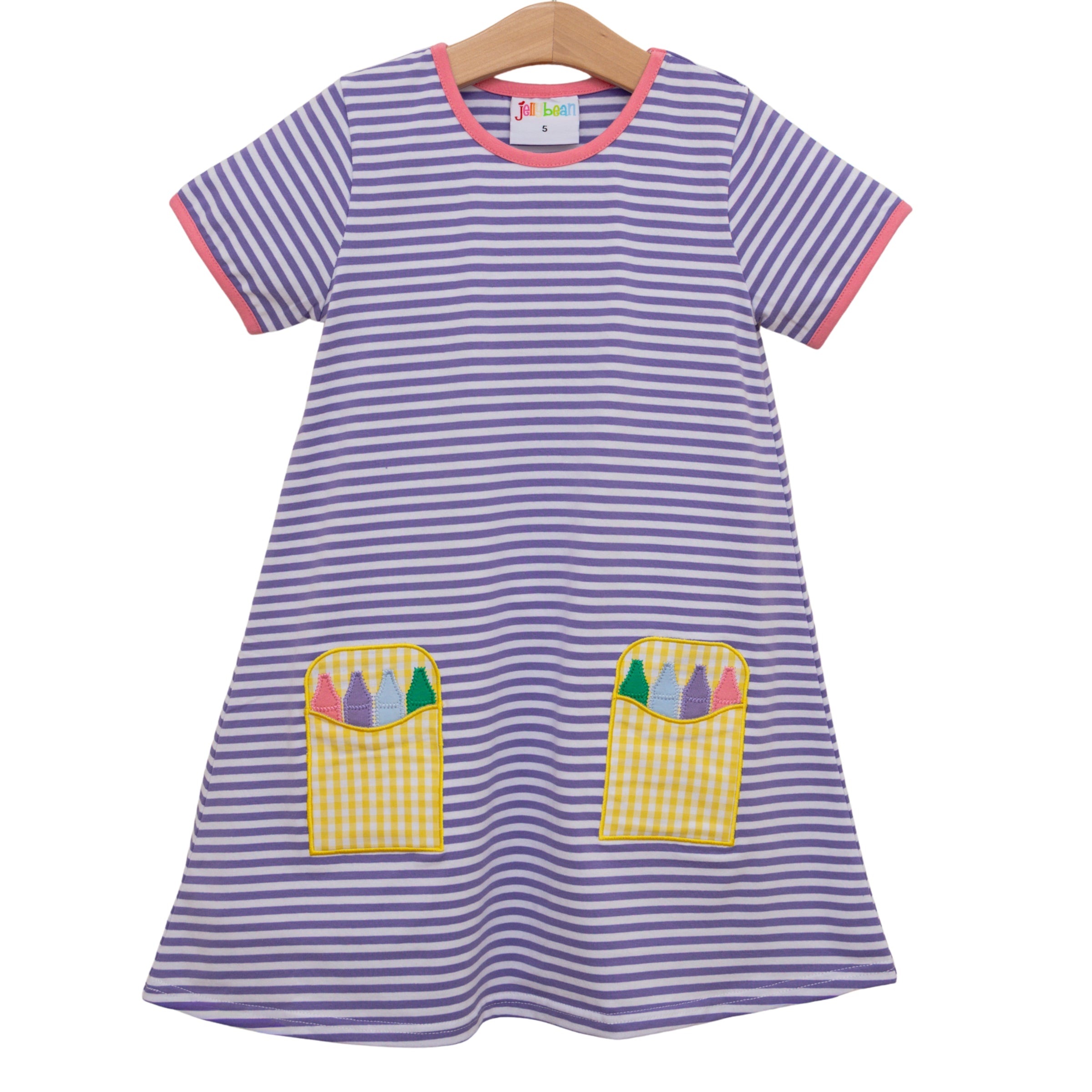 Crayon Pocket Applique Dress - Lavender Stripe