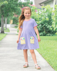 Crayon Pocket Applique Dress - Lavender Stripe