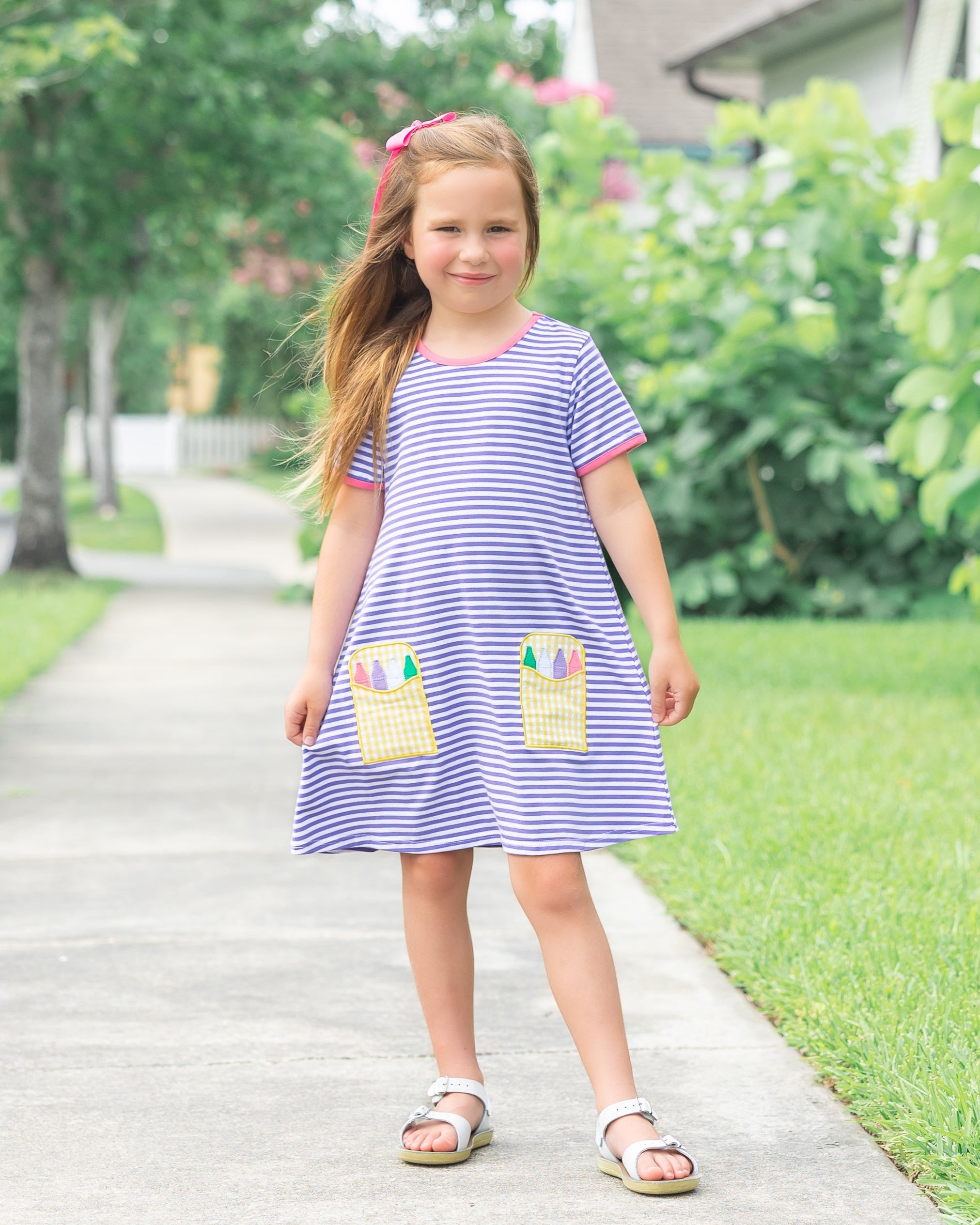 Crayon Pocket Applique Dress - Lavender Stripe