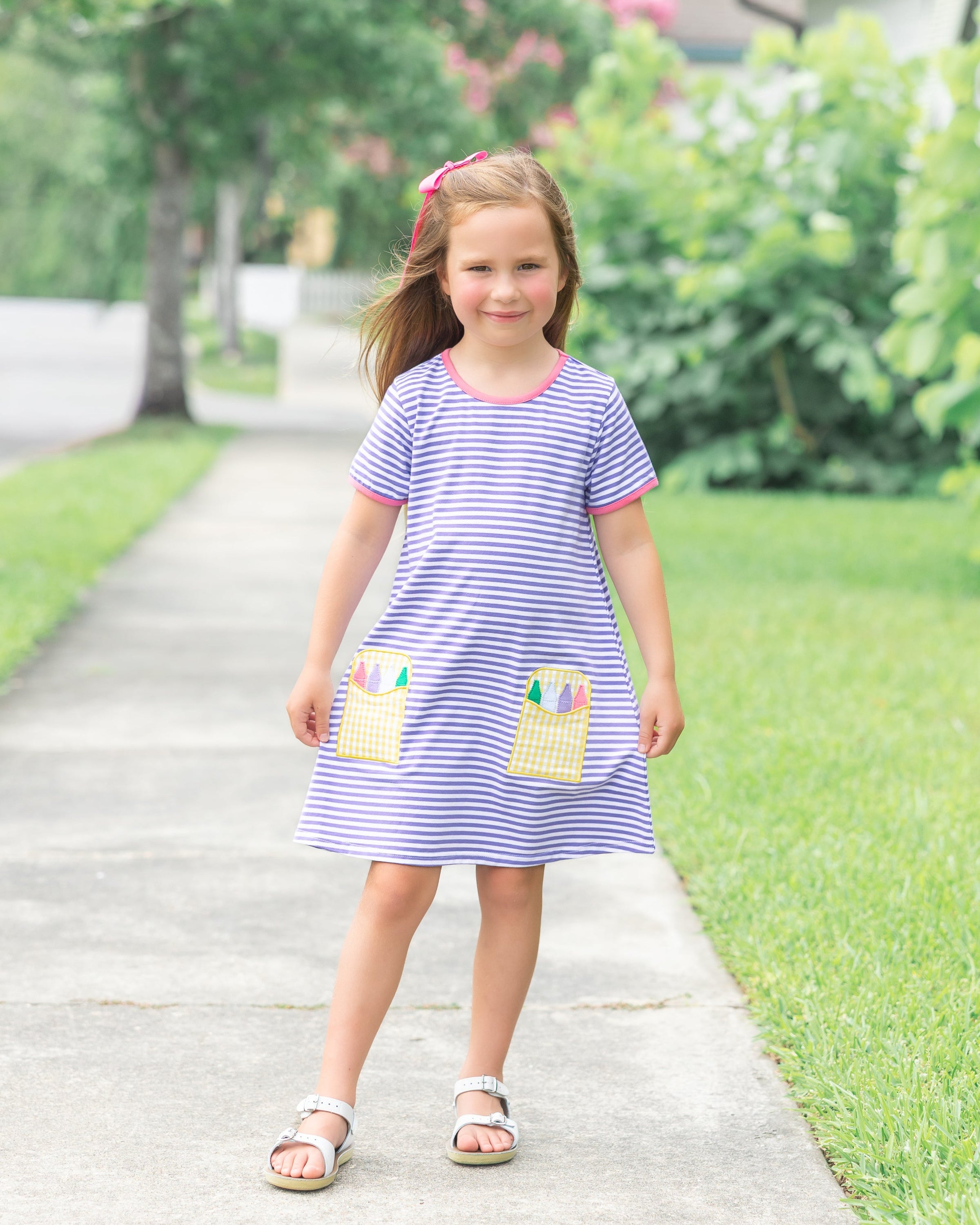 Crayon Pocket Applique Dress - Lavender Stripe