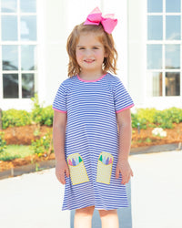 Crayon Pocket Applique Dress - Lavender Stripe