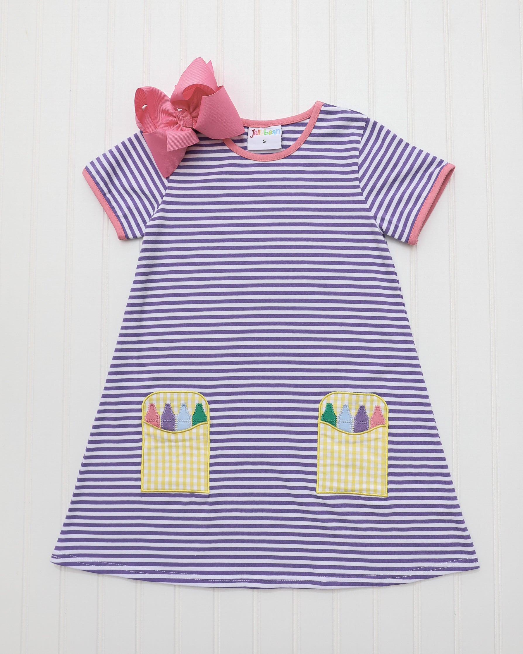 Crayon Pocket Applique Dress - Lavender Stripe