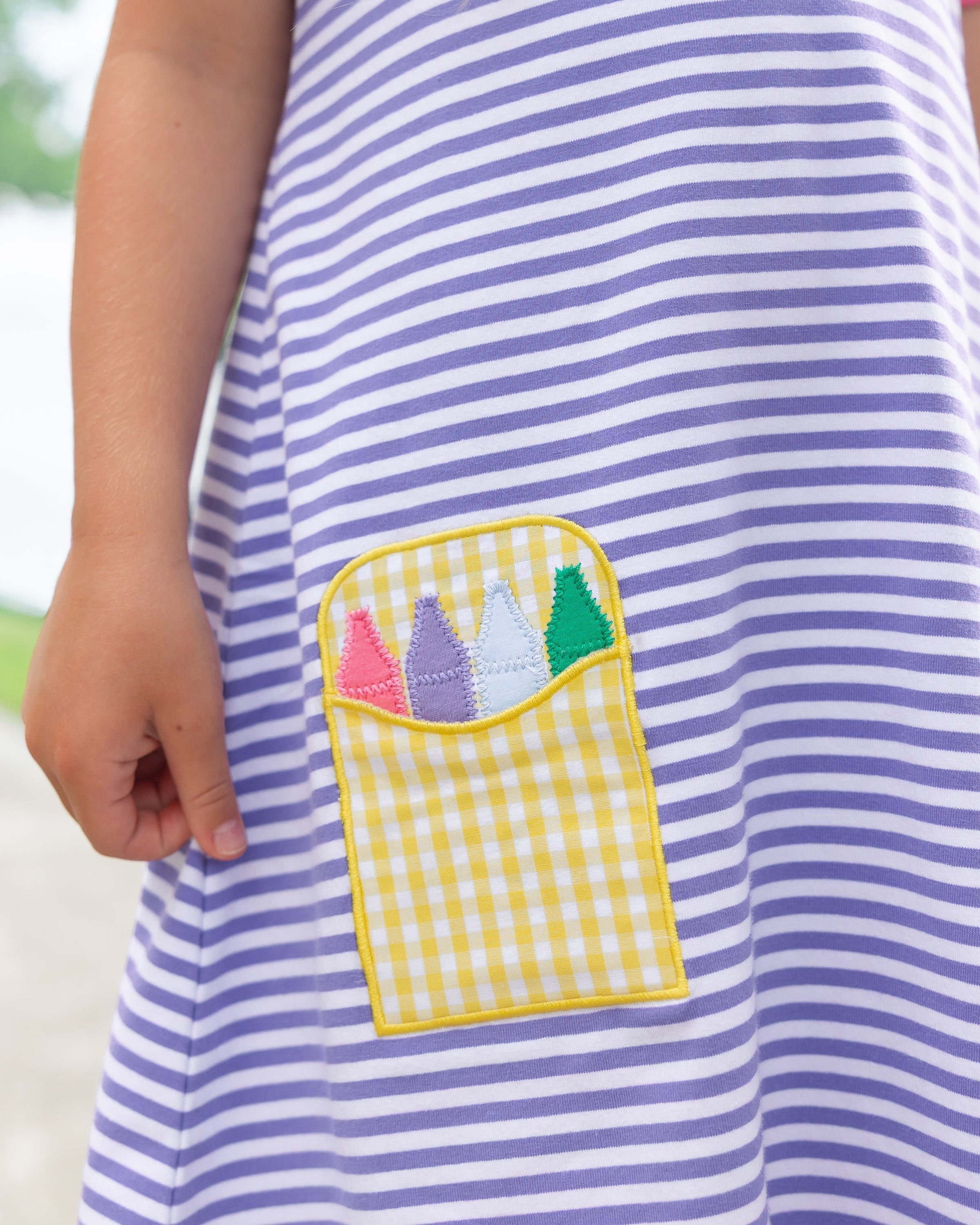 Crayon Pocket Applique Dress - Lavender Stripe
