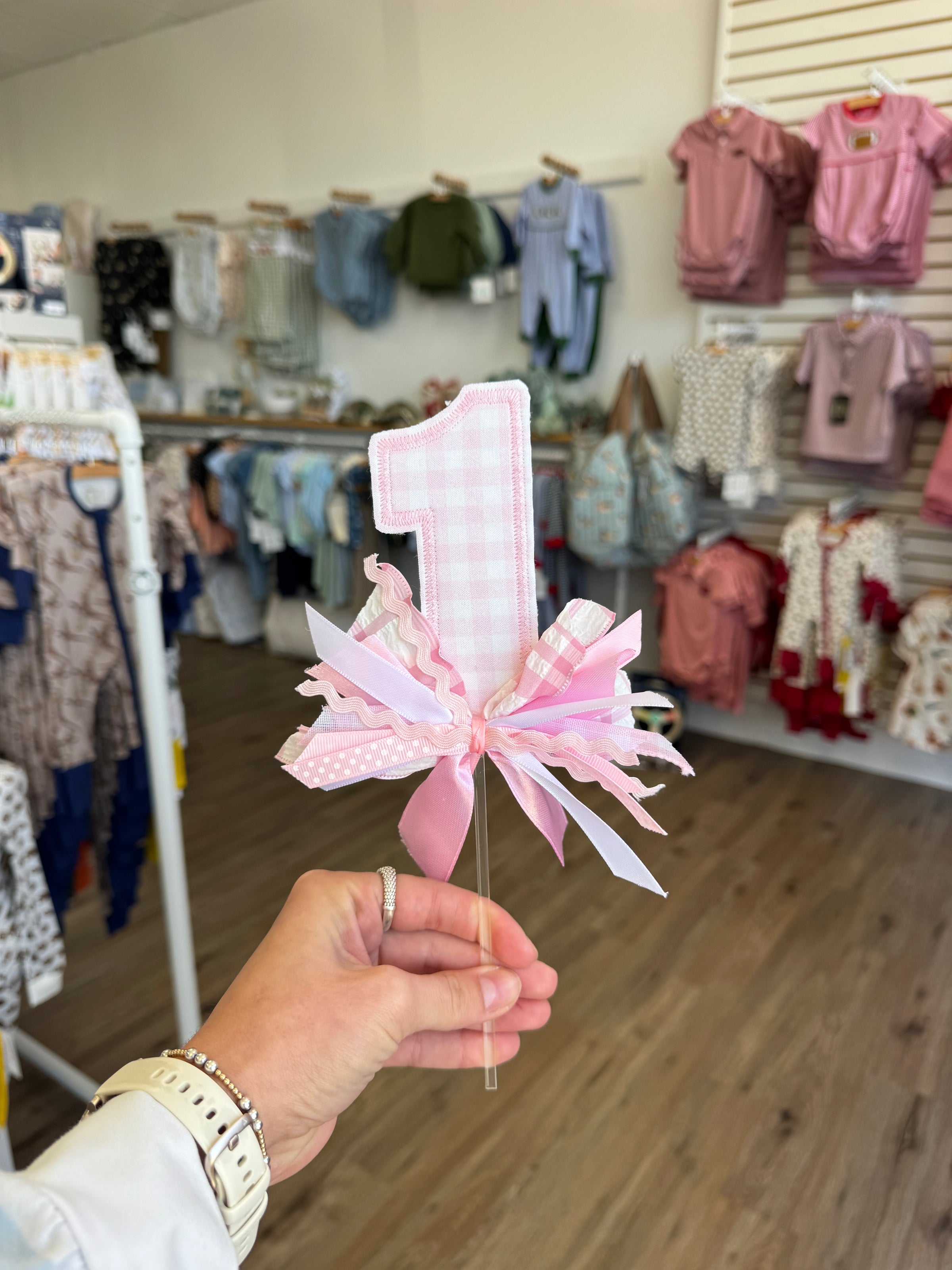 Pink Checkered 1st Birthday Cake Topper