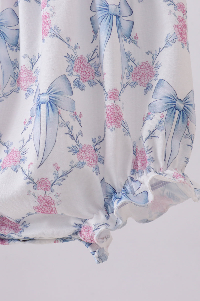 Blue Bow Floral Smocked Ruffle Bubble