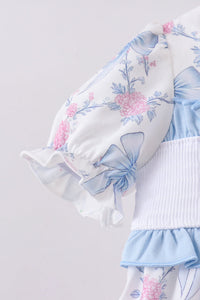Blue Bow Floral Smocked Ruffle Bubble