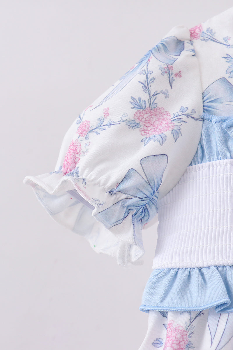 Blue Bow Floral Smocked Ruffle Bubble
