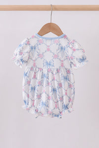 Blue Bow Floral Smocked Ruffle Bubble