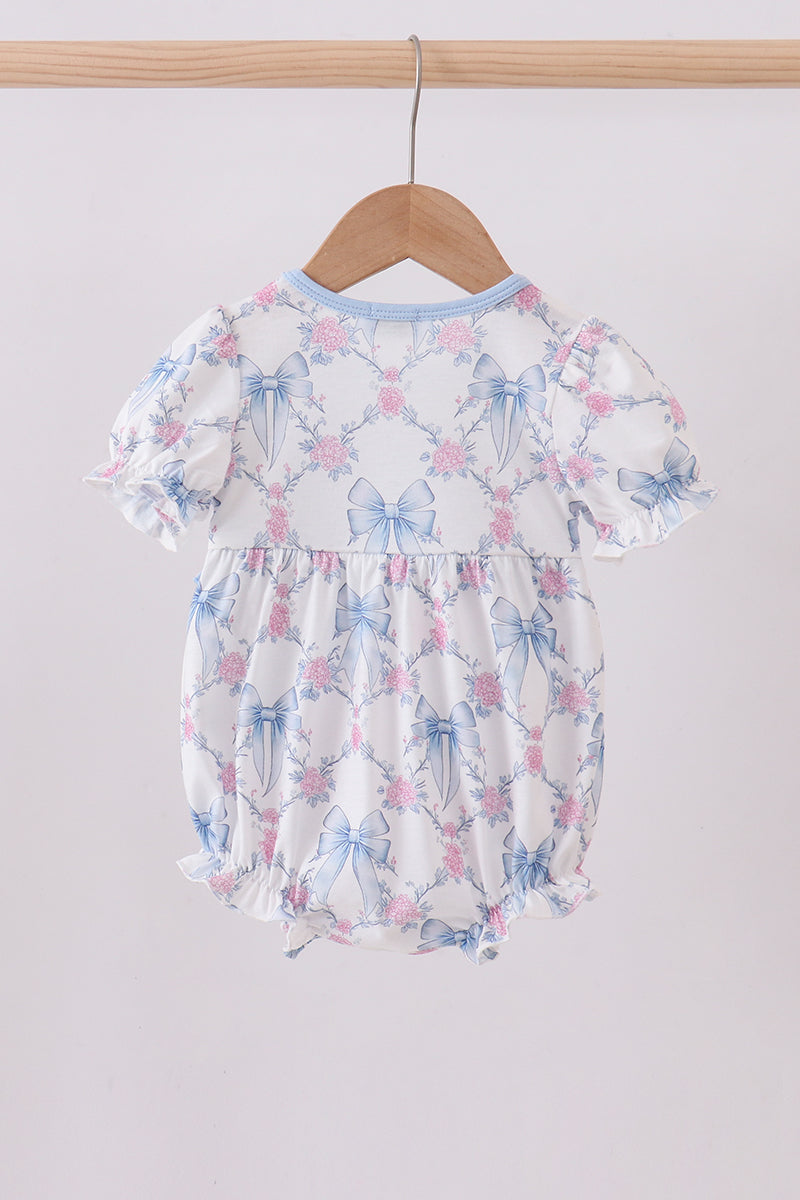 Blue Bow Floral Smocked Ruffle Bubble