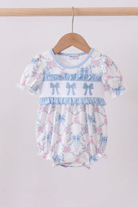Blue Bow Floral Smocked Ruffle Bubble