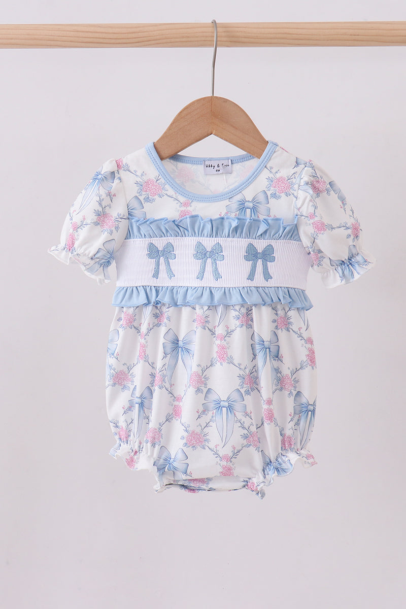 Blue Bow Floral Smocked Ruffle Bubble