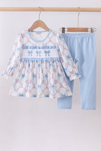 Blue Bow Floral Smocked Pants Set