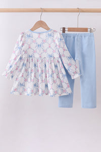 Blue Bow Floral Smocked Pants Set