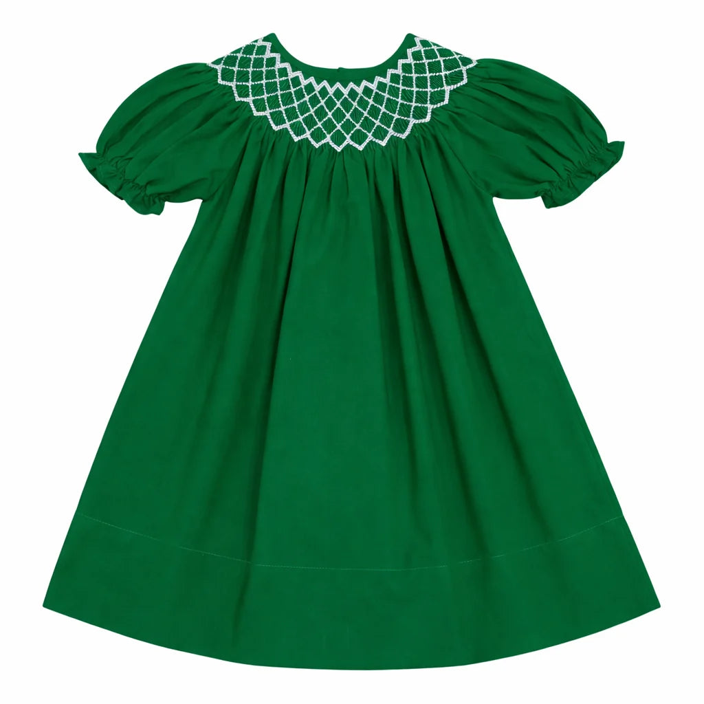 Catherine Hunter Green Smocked White Pearls Dress