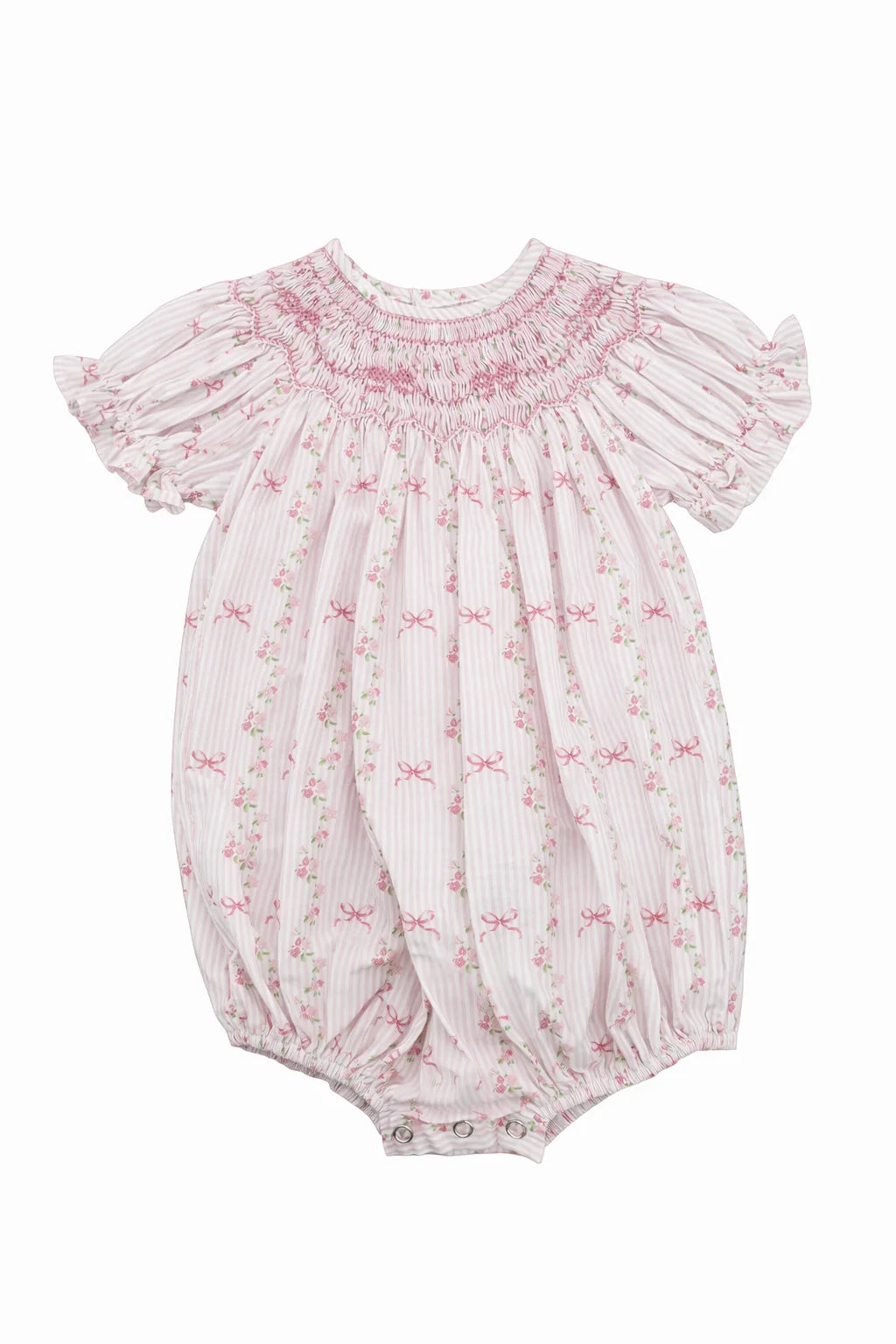 Britney Pink Floral Stripe Bow Smocked Bubble