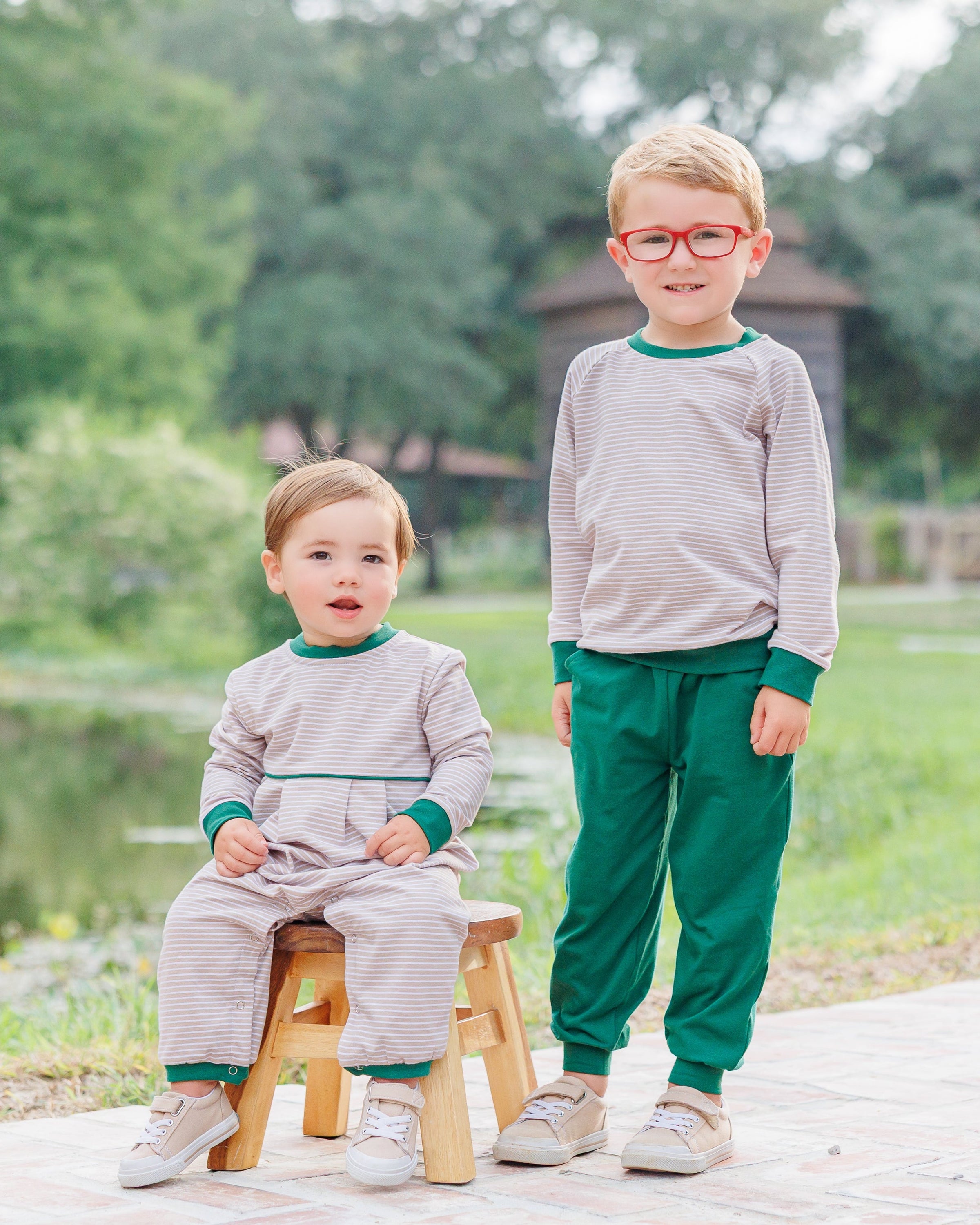 Patrick Romper - Tan Stripe/Hunter Green