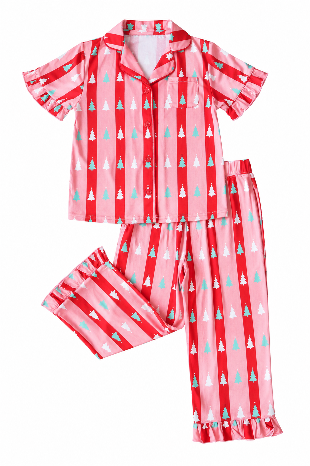 Ruffle Pant Set - Red + Pink Tree Stripes