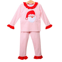 Santa Face Pink Gingham Ruffle Pajama Set - Light Skin
