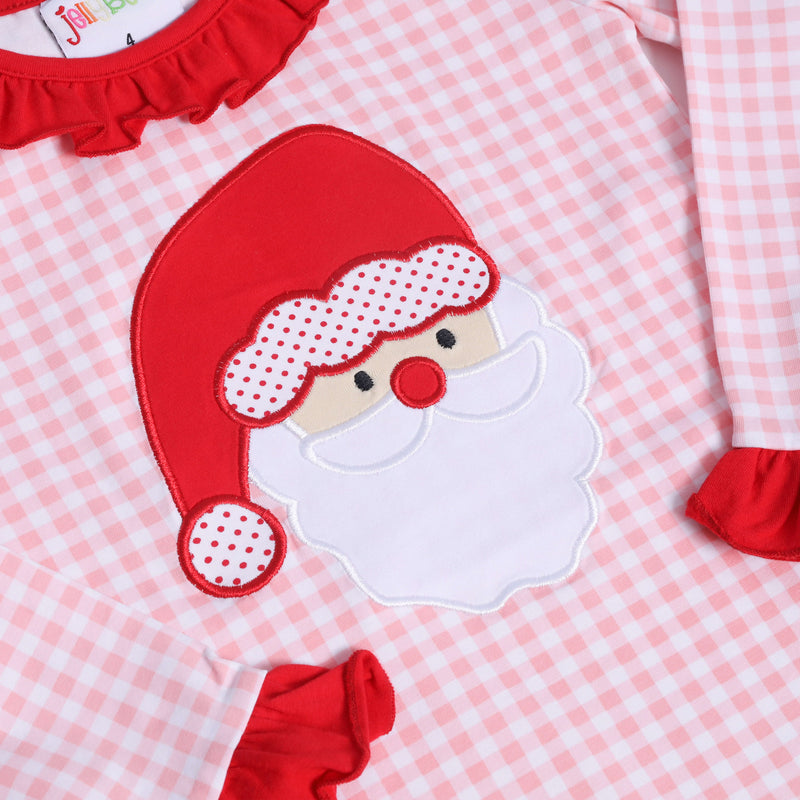 Santa Face Pink Gingham Ruffle Pajama Set - Light Skin