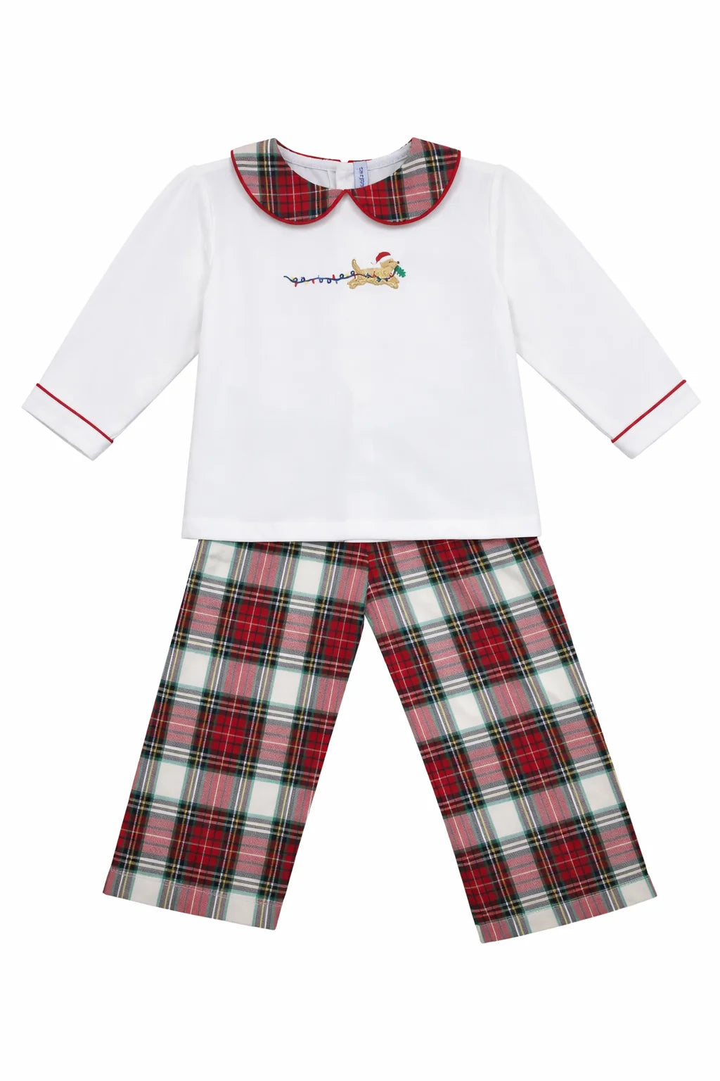 Dog & Christmas Lights Embroidered Plaid Boy Pant Set