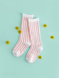 White/Blossom Striped Scalloped Knee High Socks