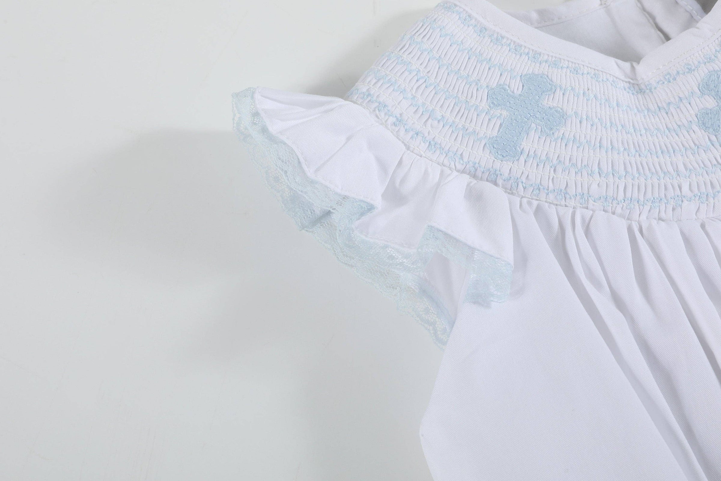 White and Blue Crosses Smocked Bishop Dress