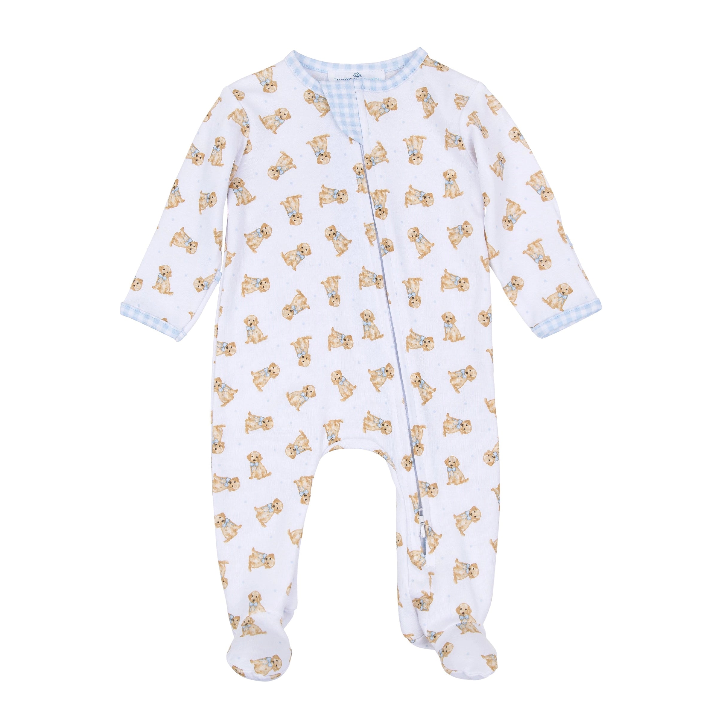 Sweet Golden Print Zip Footie - Light Blue