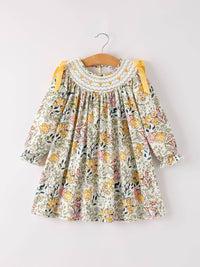 Fall Floral Embroidery Smocked Dress