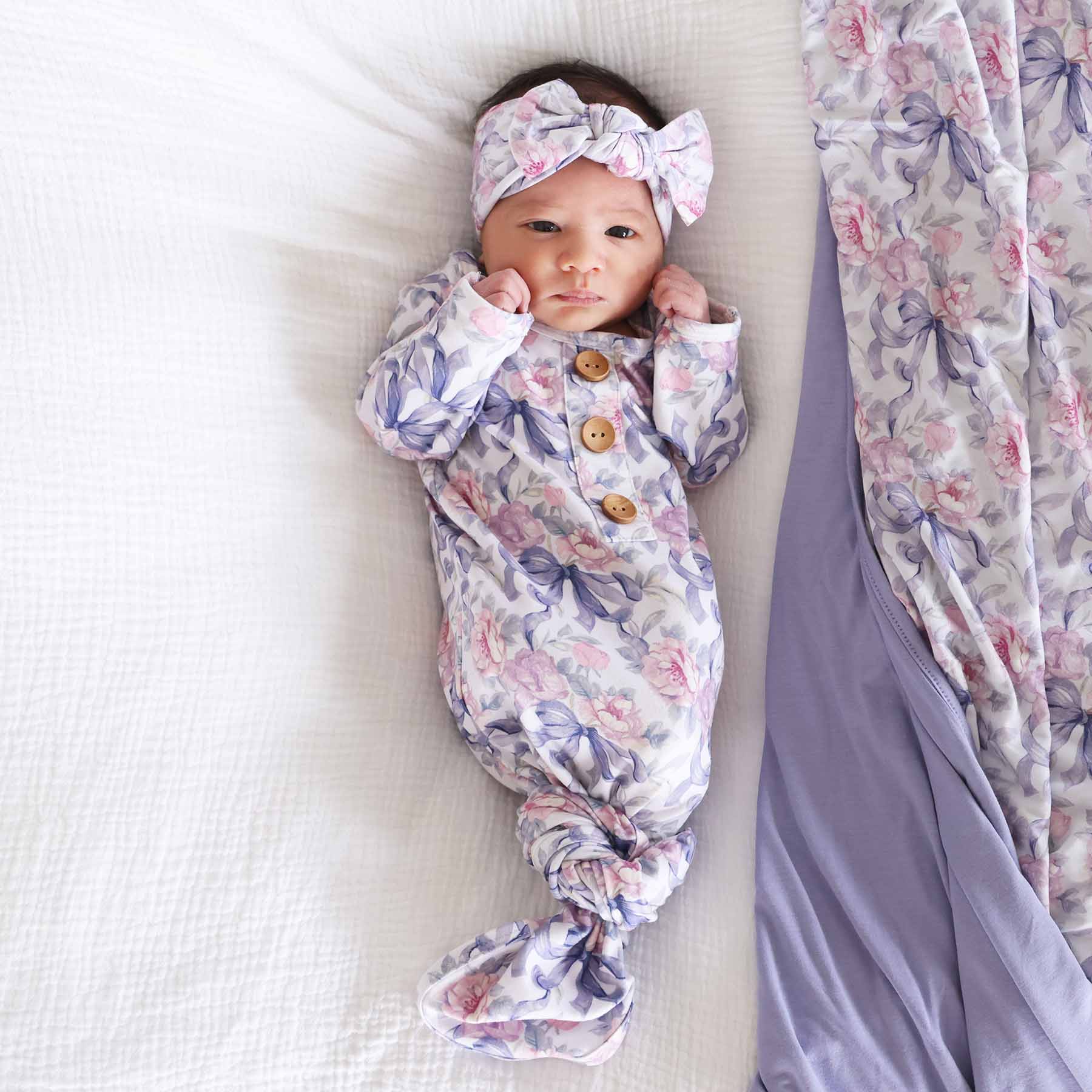 Leighton's Lavender Newborn Baby Knot Gown & Hat Set