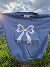 Blue Toile Applique Bow Sweatshirt Bubble Romper