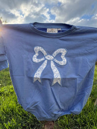Blue Toile Applique Bow Sweatshirt Bubble Romper