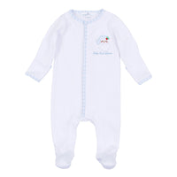 Sweet St Nick Applique Baby's First Christmas Ruffle Footie - Light Blue